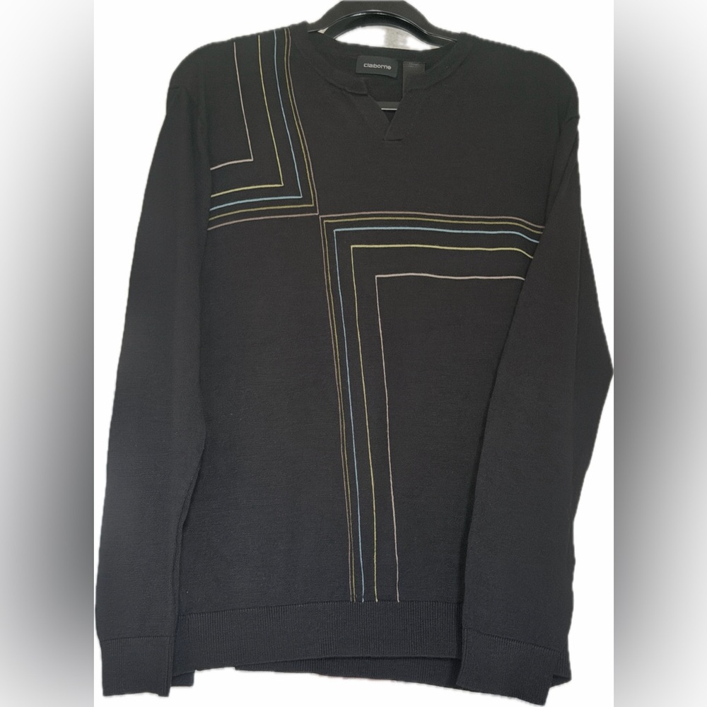 Claiborne Black V-Neck Sweater with Contrast Lines